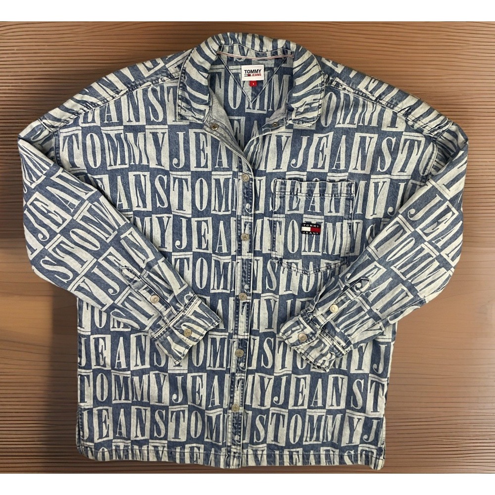 Tommy Hilfiger Jeans Denim Shirt Retro Shacket Spellout 90s Oversized Men Sz‎ S